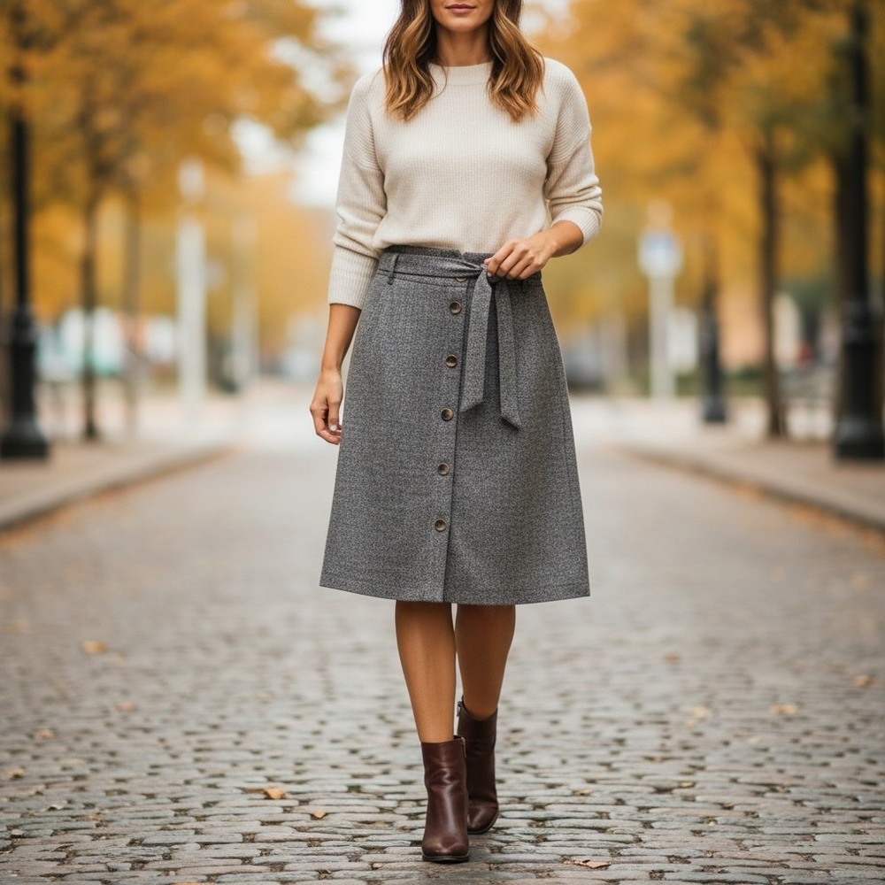 J.McLaughlin Leolia Skirt Grey Herringbone Wool Blend‎ Belted 2 Fall Preppy